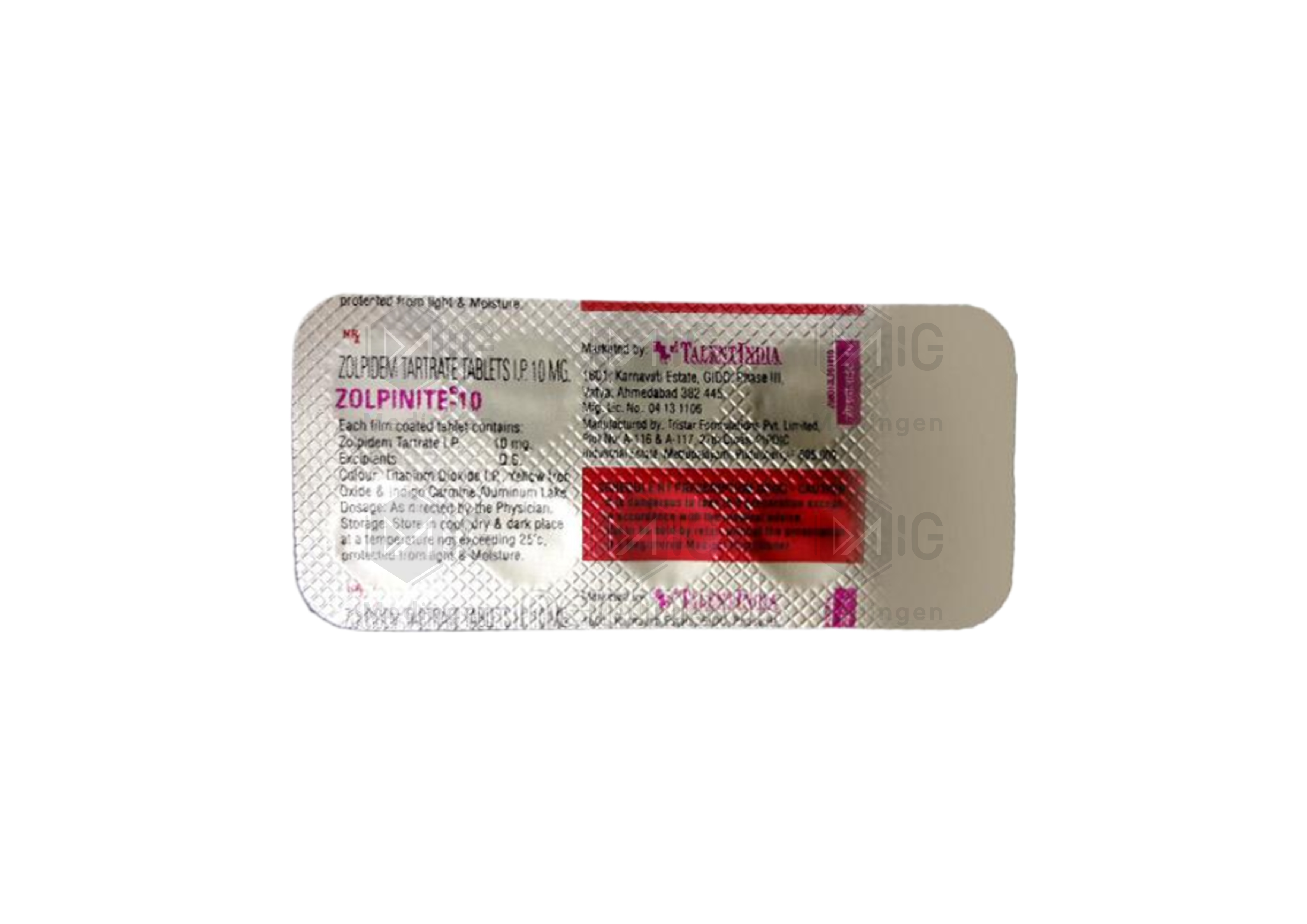 Blister pack of Zolpinite 10mg Zolpidem tablets in red and silver packaging